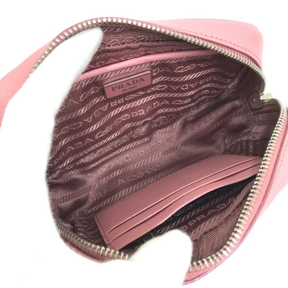 PRADA 1NF674 logo Shoulder pouch Cluch Bag Shoulder Bag Safiano Leather pink - Picture 11 of 13